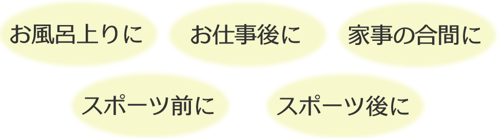 お風呂上りに・お仕事後に・家事の合間に・スポーツ前に・スポーツ後に